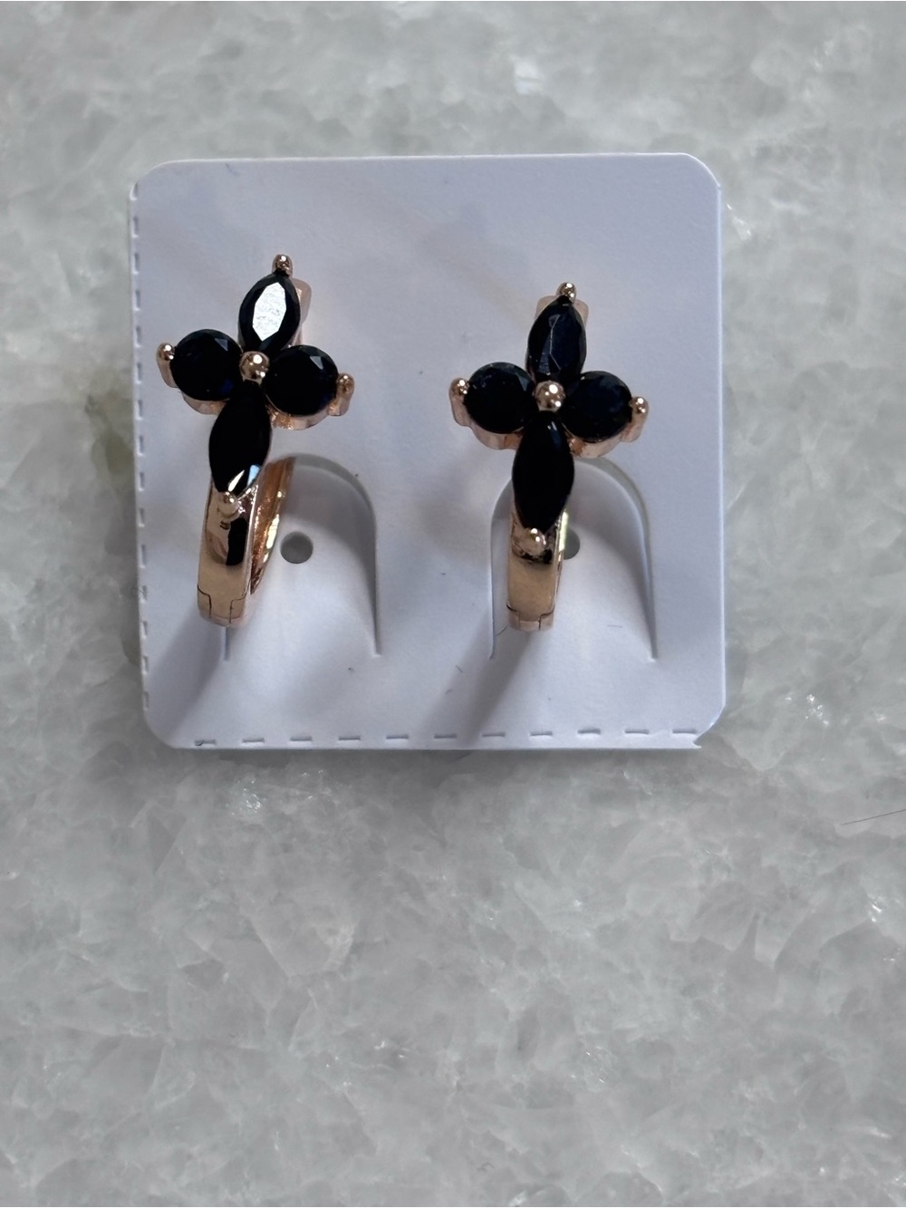 Genuine Black Onyx Gold Filled Huggie Hoop Earrings Floral Statement